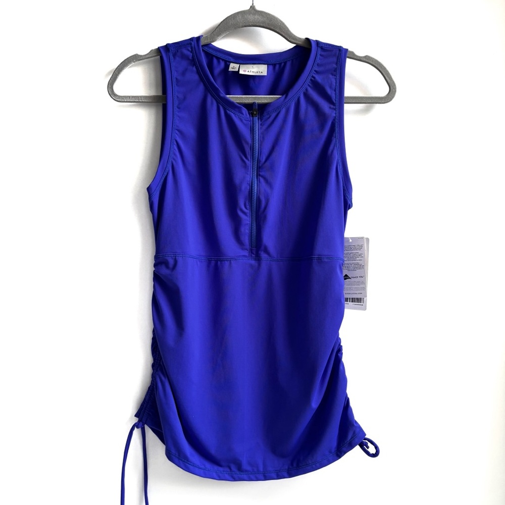 Athleta Side Scrunch Rashguard Royal Blue Zip Front Top Swimwear Size Small